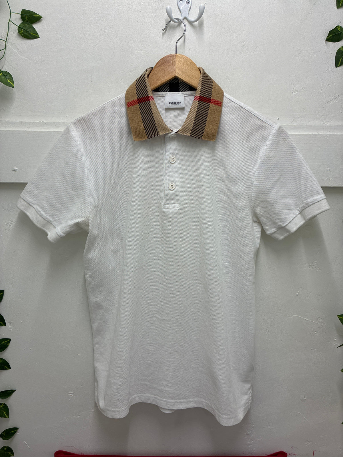 Burberry Check Collar Cotton Pique Polo White Shirt SZ: M - Pre-Owned