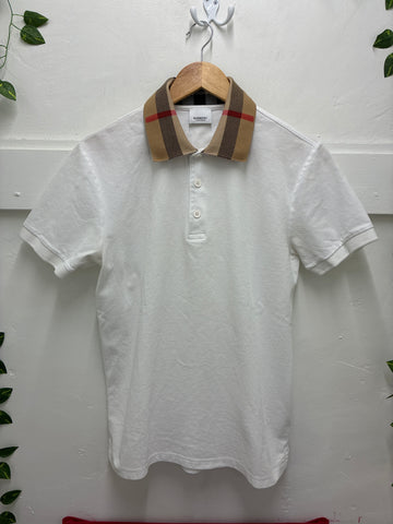 Burberry Check Collar Cotton Pique Polo White Shirt SZ: M - Pre-Owned