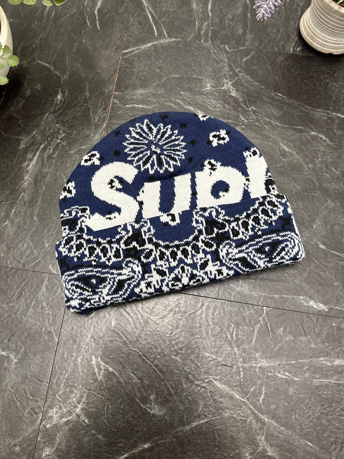 Supreme Big Logo Blue Paisley Beanie - New