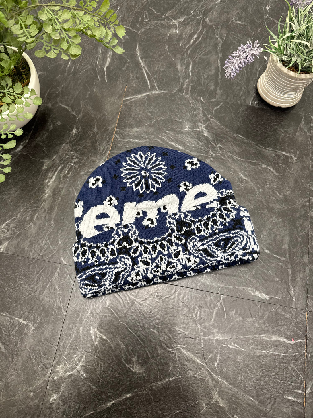 Supreme Big Logo Blue Paisley Beanie - New