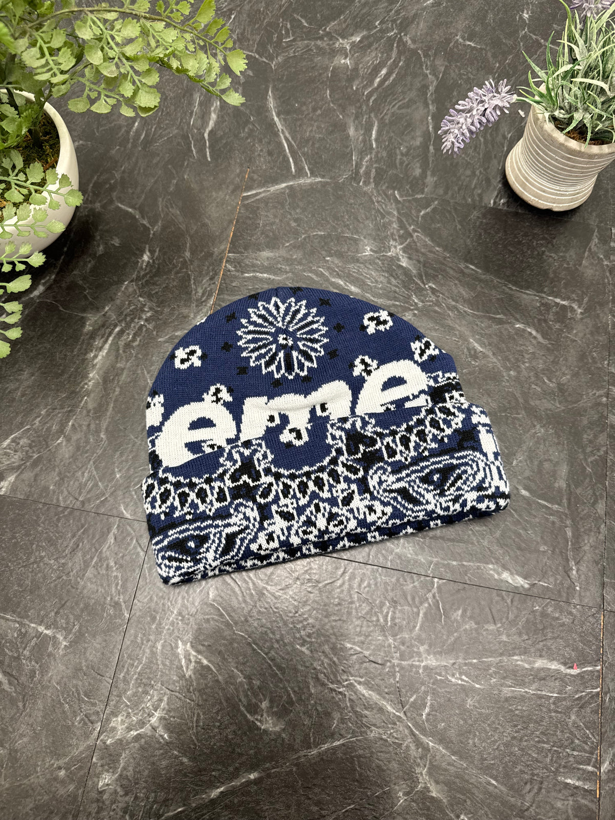Supreme Big Logo Blue Paisley Beanie - New