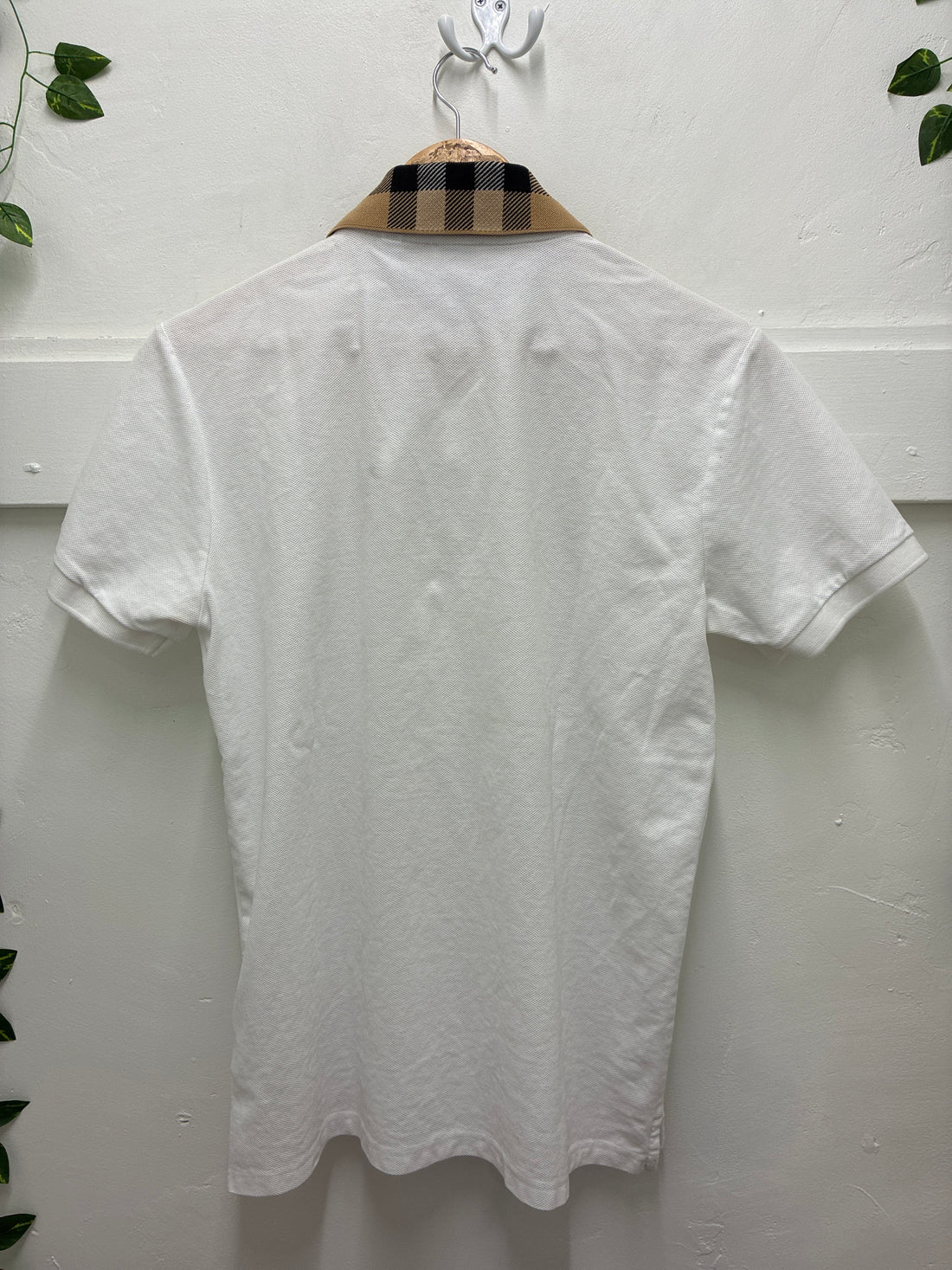 Burberry Check Collar Cotton Pique Polo White Shirt SZ: M - Pre-Owned